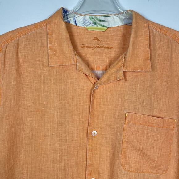 Tommy Bahama 100% Linen Shirt Men’s XXL Orange Short Sleeve Loop Collar Tropical - Picture 4 of 13